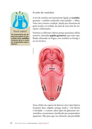 18	 Arco Ocupacional Gastronomia Confeiteiro 1
A arte de cozinhar
A arte de cozinhar está intimamente ligada aos sentidos:
gustação – também conhecido como paladar –, olfato,
visão, tato e mesmo a audição. Aquilo que chamamos de
gosto resulta, na verdade, da soma de uma série de sen-
sações e informações.
Sentimos os diferentes sabores porque possuímos células
sensíveis, chamadas papilas gustativas, que estão espa-
lhadas sobretudo na língua, mas também na faringe e
no céu da boca.
Essas células são capazes de detectar cinco tipos básicos
de gostos: doce, salgado, amargo, azedo e – este último
é novidade – o umami, sabor típico do glutamato mo-
nossódico, recentemente classificado por pesquisadores
japoneses. Mas para que um alimento seja percebido
Amargo
Doce
Salgado
azedo
Salgado
azedo
Você sabia?
Às características dos ob-
jetos que podem ser per-
cebidas pelos sentidos
humanos dá-se o nome
de “propriedades organo-
lépticas”.
©HudsonCalasans
 