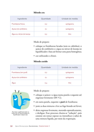92	 Arco Ocupacional Gastronomia Confeiteiro 1
Para fazer o purê basta bater as
frutas com um pouco de água no
liquidificador e depois coar.
Método cru
Ingrediente Quantidade Unidade de medida
Framboesa fresca 0,2 quilograma
Açúcar de confeiteiro 0,1 quilograma
Água ou néctar de laranja 0,2 litro
Modo de preparo:
•	 coloque as framboesas lavadas (sem os cabinhos), o
açúcar de confeiteiro e a água ou néctar de laranja no
liquidificador e bata até formar uma pasta homogênea;
•	 coe utilizando o chinois.
Método cozido
Ingrediente Quantidade Unidade de medida
Framboesa (em purê) 0,2 quilograma
Açúcar de confeiteiro 0,1 quilograma
Água 0,4 litro
Modo de preparo:
•	 coloque o açúcar e a água numa panela e esquente até
engrossar levemente (105 °C);
•	 em outra panela, esquente o purê de framboesa;
•	 junte as duas misturas e leve ao fogo brando até ferver;
•	 deixe engrossar levemente, mexendo esporadicamente,
e desligue. Esse processo chama-se “redução”, pois
consiste em tornar espesso ou intensificar o sabor de
uma mistura líquida, por meio da evaporação.
 