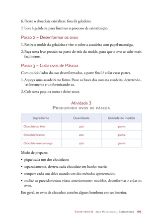 Confeiteiro 2 Arco Ocupacional Gastronomia	 105
6.	Deixe o chocolate cristalizar, fora da geladeira.
7.	Leve à geladeira para finalizar o processo de cristalização.
Passo 2 – Desenformar os ovos
1.	Retire o molde da geladeira e vire-o sobre a assadeira com papel-manteiga.
2.	Faça uma leve pressão na parte de trás do molde, para que o ovo se solte mais
facilmente.
Passo 3 – Colar ovos de Páscoa
Com os dois lados do ovo desenformados, a parte final é colar essas partes.
1.	Aqueça uma assadeira no forno. Passe as bases dos ovos na assadeira, derretendo-
-as levemente e uniformizando-as.
2.	Cole uma peça na outra e deixe secar.
Atividade 3
Produzindo ovos de páscoa
Ingrediente Quantidade Unidade de medida
Chocolate ao leite 400 grama
Chocolate branco 200 grama
Chocolate meio amargo 400 grama
Modo de preparo:
•	 pique cada um dos chocolates;
•	 separadamente, derreta cada chocolate em banho-maria;
•	 tempere cada um deles usando um dos métodos apresentados;
•	 realize os procedimentos vistos anteriormente: modelar, desenformar e colar os
ovos.
Em geral, os ovos de chocolate contêm alguns bombons em seu interior.
 