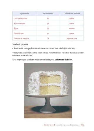 Confeiteiro 2 Arco Ocupacional Gastronomia	 123
Ingrediente Quantidade Unidade de medida
Clara pasteurizada 210 grama
Açúcar refinado 450 grama
Água 75 mililitro
Emulsificante 30 grama
Essência de baunilha ½ colher de sopa
Modo de preparo:
•	 bata todos os ingredientes até obter um creme leve e fofo (10 minutos).
Você pode adicionar aroma e cor ao seu marshmallow. Para isso basta adicionar
corante e aromatizante.
Essa preparação também pode ser utilizada para cobertura de bolos.
©TomKelleyArchive/GettyImages
 