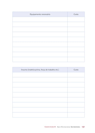 Confeiteiro 2 Arco Ocupacional Gastronomia	 137
Equipamento necessário Custo
   
   
   
   
   
   
   
Insumo (matéria-prima, força de trabalho etc.) Custo
   
   
   
   
   
   
   
 