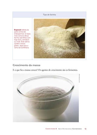 Confeiteiro 2 Arco Ocupacional Gastronomia	 13
Crescimento da massa
E o que faz a massa crescer? Os agentes de crescimento são os fermentos.
Tipo de farinha
Especial (obtida da
parte central do
endosperma): os tipos
mais comuns dessa
farinha são feitos com
trigo duro, semiduro
ou mole. Este último
contém menos
glúten, ideal para o
ramo da Confeitaria.
©IanO’Leary/GettyImages
©SoFood/Diomedia
 