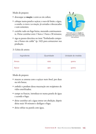Confeiteiro 2 Arco Ocupacional Gastronomia	 145
Modo de preparo:
•	 descasque as maçãs e corte-as em cubos;
•	 coloque numa panela o açúcar, o suco de limão, a água,
a canela, o cravo e as maçãs, já cortadas e descascadas
e sem sementes;
•	 cozinhe tudo em fogo baixo, mexendo continuamen-
te. Deixe cozinhar entre 1 hora e 1 hora e 30 minutos;
•	 siga os passos descritos no item “Embalando compo-
tas e frutas em calda” (p. 142) para armazenar sua
produção.
3. Geleia de amora
Ingrediente Quantidade Unidade de medida
Amora 1000 grama
Açúcar 900 grama
Modo de preparo:
•	 macere as amoras com o açúcar num bowl, por duas
ou três horas;
•	 embale o produto dessa maceração em recipientes de
vidro esterilizados;
•	 tampe os frascos, introduza-os numa panela de água
e acenda o fogo;
•	 deixe cozinhar até a água entrar em ebulição, depois
deixe mais 10 minutos e desligue o fogo;
•	 deixe esfriar na panela com água.
Você pode cortar as maçãs em
pequenos pedaços ou então bater
suavemente, de maneira a torná-las
mais pastosas.
 