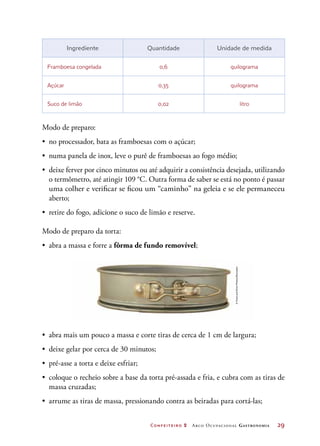 Confeiteiro 2 Arco Ocupacional Gastronomia	 29
Ingrediente Quantidade Unidade de medida
Framboesa congelada 0,6 quilograma
Açúcar 0,35 quilograma
Suco de limão 0,02 litro
Modo de preparo:
•	 no processador, bata as framboesas com o açúcar;
•	 numa panela de inox, leve o purê de framboesas ao fogo médio;
•	 deixe ferver por cinco minutos ou até adquirir a consistência desejada, utilizando
o termômetro, até atingir 109 °C. Outra forma de saber se está no ponto é passar
uma colher e verificar se ficou um “caminho” na geleia e se ele permaneceu
aberto;
•	 retire do fogo, adicione o suco de limão e reserve.
Modo de preparo da torta:
•	 abra a massa e forre a fôrma de fundo removível;
•	 abra mais um pouco a massa e corte tiras de cerca de 1 cm de largura;
•	 deixe gelar por cerca de 30 minutos;
•	 pré-asse a torta e deixe esfriar;
•	 coloque o recheio sobre a base da torta pré-assada e fria, e cubra com as tiras de
massa cruzadas;
•	 arrume as tiras de massa, pressionando contra as beiradas para cortá-las;
©FoodandDrinkPhotos/Diomedia
 