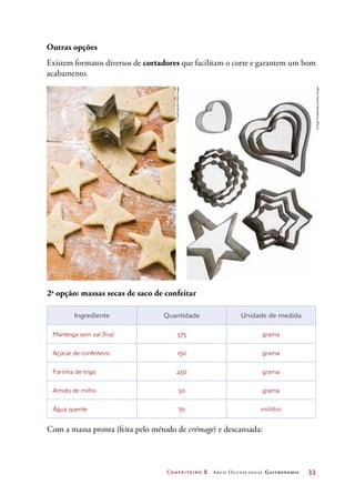 Confeiteiro 2 Arco Ocupacional Gastronomia	 33
Outras opções
Existem formatos diversos de cortadores que facilitam o corte e garantem um bom
acabamento.
2a
opção: massas secas de saco de confeitar
Ingrediente Quantidade Unidade de medida
Manteiga sem sal (fria) 375 grama
Açúcar de confeiteiro 150 grama
Farinha de trigo 450 grama
Amido de milho 50 grama
Água quente 70 mililitro
Com a massa pronta (feita pelo método de crémage) e descansada:
©FoodCollection/GettyImages
©HughThrelfall/Alamy/OtherImages
 