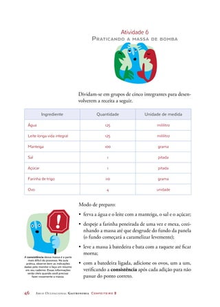 46	 Arco Ocupacional Gastronomia Confeiteiro 2
Atividade 6
Praticando a massa de bomba
Dividam-se em grupos de cinco integrantes para desen-
volverem a receita a seguir.
A consistência dessa massa é a parte
mais difícil do processo. Na aula
prática, observe bem as indicações
dadas pelo monitor e faça um resumo
em seu caderno. Essas informações
serão úteis quando você precisar
fazer novamente a massa.
Ingrediente Quantidade Unidade de medida
Água 125 mililitro
Leite longa vida integral 125 mililitro
Manteiga 100 grama
Sal 1 pitada
Açúcar 1 pitada
Farinha de trigo 110 grama
Ovo 4 unidade
Modo de preparo:
•	 ferva a água e o leite com a manteiga, o sal e o açúcar;
•	 despeje a farinha peneirada de uma vez e mexa, cozi-
nhando a massa até que desgrude do fundo da panela
(o fundo começará a caramelizar levemente);
•	 leve a massa à batedeira e bata com a raquete até ficar
morna;
•	 com a batedeira ligada, adicione os ovos, um a um,
verificando a consistência após cada adição para não
passar do ponto correto.
 