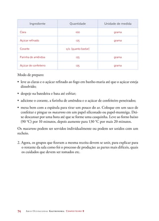 74	 Arco Ocupacional Gastronomia Confeiteiro 2
Ingrediente Quantidade Unidade de medida
Clara 100 grama
Açúcar refinado 125 grama
Corante q.b. (quanto bastar)  
Farinha de amêndoa 125 grama
Açúcar de confeiteiro 125 grama
Modo de preparo:
•	 leve as claras e o açúcar refinado ao fogo em banho-maria até que o açúcar esteja
dissolvido;
•	 despeje na batedeira e bata até esfriar;
•	 adicione o corante, a farinha de amêndoa e o açúcar de confeiteiro peneirados;
•	 mexa bem com a espátula para tirar um pouco do ar. Coloque em um saco de
confeitar e pingue os macarons em um papel siliconado ou papel-manteiga. Dei-
xe descansar por uma hora até que se forme uma casquinha. Leve ao forno baixo
(90 °C) por 10 minutos, depois aumente para 130 °C por mais 20 minutos.
Os macarons podem ser servidos individualmente ou podem ser unidos com um
recheio.
2. Agora, os grupos que fizeram a mesma receita devem se unir, para explicar para
o restante da sala como foi o processo de produção: as partes mais difíceis, quais
os cuidados que devem ser tomados etc.
 