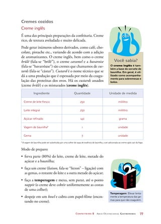 Confeiteiro 2 Arco Ocupacional Gastronomia	 77
Cremes cozidos
Creme inglês
É uma das principais preparações da confeitaria. Creme
rico, de textura aveludada e muito delicada.
Pode gerar inúmeros sabores derivados, como café, cho-
colate, pistache etc., variando de acordo com a adição
de aromatizantes. O creme inglês, bem como o creme
brûlé (fala-se “brilê”), o creme caramel e a bavaroise
(fala-se “bavarrôase”) são cremes que chamamos de cus-
tards (fala-se “cãstar”). Custard é o nome técnico que se
dá a uma produção que é espessada por meio da coagu-
lação das proteínas dos ovos. Há os custards assados
(creme brûlé) e os misturados (creme inglês).
Você sabia?
O creme inglês é tam-
bém a base do sorvete de
baunilha. Em geral, é uti-
lizado como acompanha-
mento para sobremesas e
bolos.
Ingrediente Quantidade Unidade de medida
Creme de leite fresco 250 mililitro
Leite integral 250 mililitro
Açúcar refinado 140 grama
Vagem de baunilha* 1 unidade
Gema 7 unidade
* A vagem de baunilha pode ser substituída por uma colher de sopa de essência de baunilha, a ser adicionada ao creme após sair do fogo.
Modo de preparo:
•	 ferva parte (80%) do leite, creme de leite, metade do
açúcar e a baunilha;
•	 faça um creme (liaison, fala-se “liezon” – ligação) com
as gemas, o restante do leite e a outra metade do açúcar;
•	 faça a temperagem e mexa, sem parar, até o ponto
nappée (o creme deve cobrir uniformemente as costas
de uma colher);
•	 despeje em um bowl e cubra com papel-filme (encos-
tando no creme).
Temperagem: Elevar lenta-
mente a temperatura das ge-
mas para que não coagulem.
 