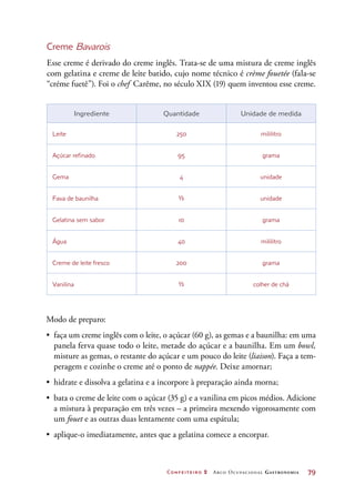 Confeiteiro 2 Arco Ocupacional Gastronomia	 79
Creme Bavarois
Esse creme é derivado do creme inglês. Trata-se de uma mistura de creme inglês
com gelatina e creme de leite batido, cujo nome técnico é crème fouetée (fala-se
“créme fuetê”). Foi o chef Carême, no século XIX (19) quem inventou esse creme.
Ingrediente Quantidade Unidade de medida
Leite 250 mililitro
Açúcar refinado 95 grama
Gema 4 unidade
Fava de baunilha ½ unidade
Gelatina sem sabor 10 grama
Água 40 mililitro
Creme de leite fresco 200 grama
Vanilina ½ colher de chá
Modo de preparo:
•	 faça um creme inglês com o leite, o açúcar (60 g), as gemas e a baunilha: em uma
panela ferva quase todo o leite, metade do açúcar e a baunilha. Em um bowl,
misture as gemas, o restante do açúcar e um pouco do leite (liaison). Faça a tem-
peragem e cozinhe o creme até o ponto de nappée. Deixe amornar;
•	 hidrate e dissolva a gelatina e a incorpore à preparação ainda morna;
•	 bata o creme de leite com o açúcar (35 g) e a vanilina em picos médios. Adicione
a mistura à preparação em três vezes – a primeira mexendo vigorosamente com
um fouet e as outras duas lentamente com uma espátula;
•	 aplique-o imediatamente, antes que a gelatina comece a encorpar.
 