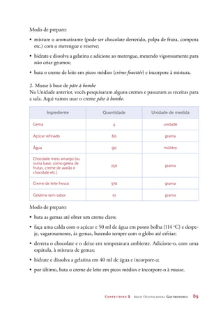 Confeiteiro 2 Arco Ocupacional Gastronomia	 89
Modo de preparo:
•	 misture o aromatizante (pode ser chocolate derretido, polpa de fruta, compota
etc.) com o merengue e reserve;
•	 hidrate e dissolva a gelatina e adicione ao merengue, mexendo vigorosamente para
não criar grumos;
•	 bata o creme de leite em picos médios (crème fouettée) e incorpore à mistura.
2. Musse à base de pâte à bombe
Na Unidade anterior, vocês pesquisaram alguns cremes e passaram as receitas para
a sala. Aqui vamos usar o creme pâte à bombe.
Ingrediente Quantidade Unidade de medida
Gema 4 unidade
Açúcar refinado 60 grama
Água 90 mililitro
Chocolate meio amargo (ou
outra base, como geleia de
frutas, creme de avelãs e
chocolate etc.)
250 grama
Creme de leite fresco 370 grama
Gelatina sem sabor 10 grama
Modo de preparo:
•	 bata as gemas até obter um creme claro;
•	 faça uma calda com o açúcar e 50 ml de água em ponto bolha (114 o
C) e despe-
je, vagarosamente, às gemas, batendo sempre com o globo até esfriar;
•	 derreta o chocolate e o deixe em temperatura ambiente. Adicione-o, com uma
espátula, à mistura de gemas;
•	 hidrate e dissolva a gelatina em 40 ml de água e incorpore-a;
•	 por último, bata o creme de leite em picos médios e incorpore-o à musse.
 