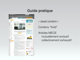 Guide pratique
« seed content »
Contenu “froid”
Articles MECE
mutuellement exclusif
collectivement exhaustif

 