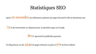 Quelques statistiques...
Après 10 secondes, les utilisateurs quittent une page d'accueil si elle ne fonctionne pas
75% des internautes ne dépassent pas la première page sur Google
80% ignorent les publicités payantes
Un blog donne au site 434% de pages indexées en plus et 97% de liens indéxés
Statistiques SEO
 