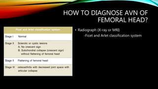 HOW TO DIAGNOSE AVN OF
FEMORAL HEAD?
• Radiograph (X-ray or MRI)
-Ficet and Arlet classification system
 