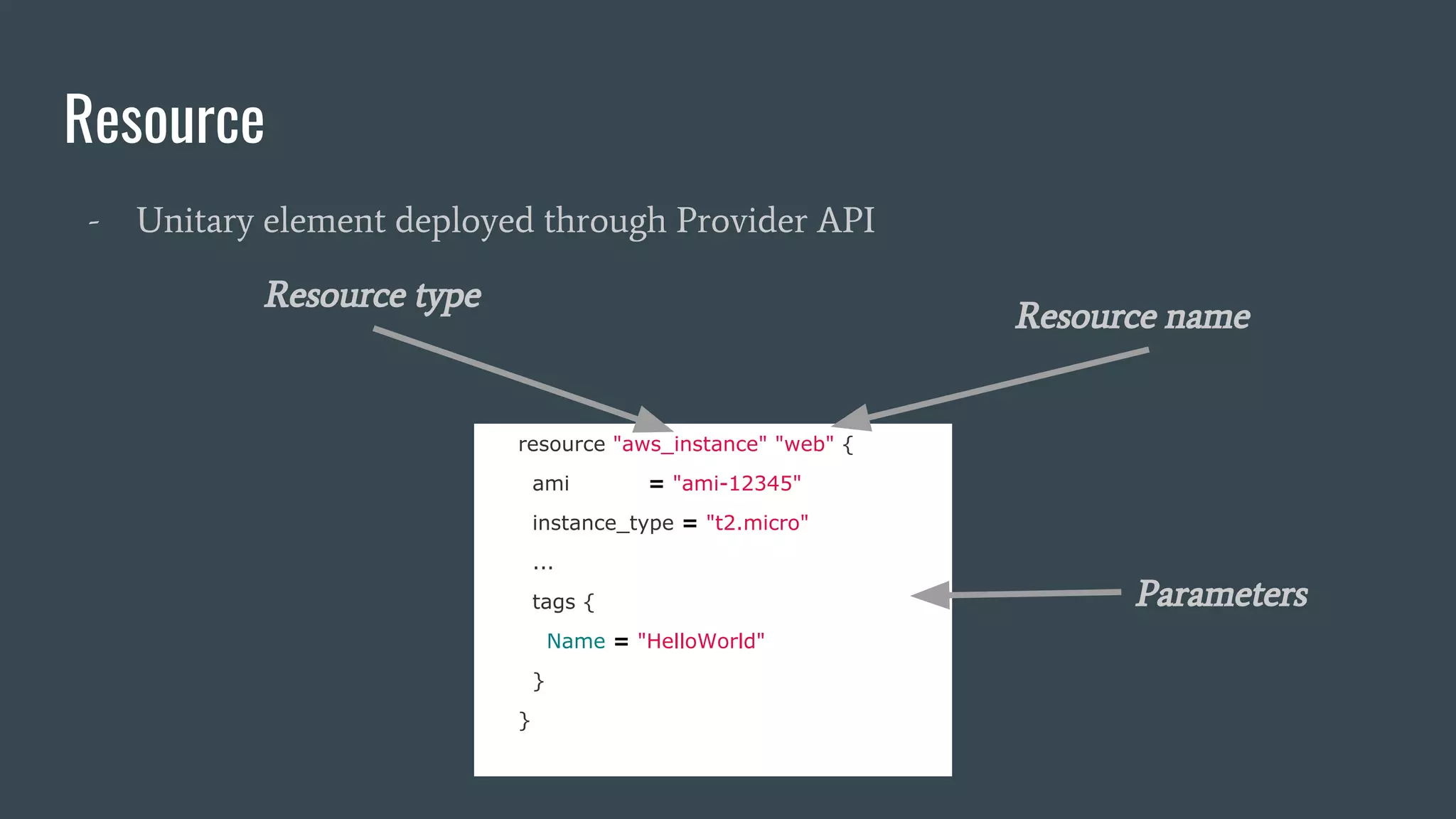 Resource
- Unitary element deployed through Provider API
resource "aws_instance" "web" {
ami = "ami-12345"
instance_type = "t2.micro"
...
tags {
Name = "HelloWorld"
}
}
Resource type
Resource name
Parameters
 