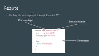 Resource
- Unitary element deployed through Provider API
resource "aws_instance" "web" {
ami = "ami-12345"
instance_type = "t2.micro"
...
tags {
Name = "HelloWorld"
}
}
Resource type
Resource name
Parameters
 
