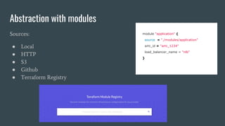 Abstraction with modules
Sources:
● Local
● HTTP
● S3
● Github
● Terraform Registry
module "application" {
source = "./modules/application"
ami_id = "ami_1234"
load_balancer_name = "nlb"
}
 