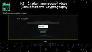 M5. Слабая криптостойкость
(Insufficient Cryptography
Подбор значения хэш-суммы
 