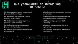Вид уязвимости по OWASP Top
10 Mobile
M1. Обход архитектурных ограничений
(Improper Platform Usage)
M2. Небезопасное хранение данных
(Insecure Data Storage)
M3. Небезопасная передача данных
(Insecure Communication)
M4. Небезопасная аутентификация
(Insecure Authentication)
M5. Слабая криптостойкость (Insufficient
Cryptography)
M6 Небезопасная авторизация (Insecure
Authorization)
M7 Контроль содержимого клиентских
приложений (Client Code Quality)
M8 Модификация данных (Code
Tampering)
M9 Анализ исходного кода (Reverse
Engineering)
M10 Скрытый функционал (Extraneous
Functionality)
 
