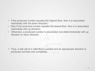 23	
  
•  If the produced number equates the highest floor, then it is associated
restrictedly with the down direction,
•  Else if the produced number equates the lowest floor, then it is associated
restrictedly with up direction.
•  Otherwise, a produced number is associated non-deterministically with up
direction or down direction.
ü  Thus, a hall call of a valid floor’s number and an appropriate direction is
produced correctly and completely.
 