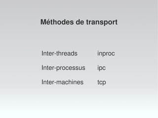Méthodes de transport
Inter-threads inproc
Inter-processus ipc
Inter-machines tcp
 