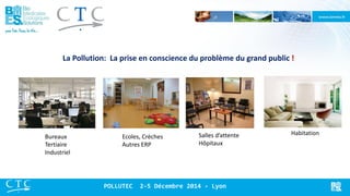 La Pollution: La prise en conscience du problème du grand public ! 
Bureaux 
Tertiaire 
Industriel 
Ecoles, Crèches 
Autres ERP 
Salles d’attente Hôpitaux 
Habitation 
POLLUTEC 2-5 Décembre 2014 - Lyon  
