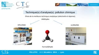 Technique(s) d’analyse(s): pollution chimique 
Aldéhydes 
HPLC/DAD 
LC/MS/MS 
Choix de la meilleure technique analytique (sélectivité et réponse). 
Formaldéhyde 
POLLUTEC 2-5 Décembre 2014 - Lyon  