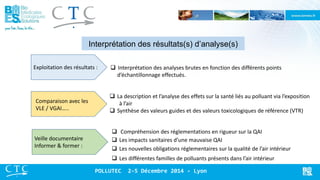 Interprétation des résultats(s) d’analyse(s) 
 Compréhension des réglementations en rigueur sur la QAI 
Interprétation des analyses brutes en fonction des différents points d’échantillonnage effectués. 
Veille documentaire Informer & former : 
Comparaison avec les 
VLE / VGAI….. 
Exploitation des résultats : 
Les impacts sanitaires d’une mauvaise QAI 
Les nouvelles obligations réglementaires sur la qualité de l’air intérieur 
Les différentes familles de polluants présents dans l’air intérieur 
La description et l’analyse des effets sur la santé liés au polluant via l’exposition à l’air 
Synthèse des valeurs guides et des valeurs toxicologiques de référence (VTR) 
POLLUTEC 2-5 Décembre 2014 - Lyon  