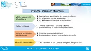 Synthèse, orientation et conseils 
Choix de solutions de contrôle et de traitement de l’air 
Recherche des sources de pollution 
Proposer des solutions ou alternatives: 
Du conseil à tout niveau …. 
Evaluer les risques 
Comparer les résultats à une base nationale 
Situer les résultats en fonction de différents seuils 
Vérifier la conformité d’installations 
Qualification et quantification des polluants présents 
Les échanges air intérieur-air extérieur, 
Les systèmes de ventilation et de climatisation. 
QAI, Traitement de l’air, Capteurs intelligents, Analyse on-line…. 
POLLUTEC 2-5 Décembre 2014 - Lyon  