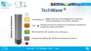 Particules Fines (PM2,5) 
COVs 
Micro-organismes 
Modules de dépollution 
Formaldéhyde 
Bactéries, Virus, Moisissures… 
Pollution provenant de matériaux de construction, ameublement, équipement, produits d'entretien… 
Dégagé à partir de la colle d'agglomérés, de peintures, mousses synthétiques, linos, textiles, plastiques… 
Pollution de combustion (transport..) 
POLLUTEC 2-5 Décembre 2014 - Lyon 
TechWave ®  