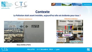 Pollution extérieure: 
La Pollution était avant invisible, aujourd'hui elle est évidente pour tous ! 
Contexte 
Deux clichés à Paris 
Pollution Intérieur e: 
Extérieur 
Ameublement 
Equipment 
Matériel de construction 
Biologique – Physique - Chimique Pollution 
Activities humaines 
POLLUTEC 2-5 Décembre 2014 - Lyon  