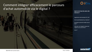 ©DATAFIRST SAS Tous droits réservés©DATAFIRST SAS Tous droits réservés
Comment intégrer efficacement le parcours
d’achat automobile via le digital ?
Photo : Ericbaffalie
Quel est le but de votre site
internet ?
Augmenter votre business VO / VN ?
Etre trouvé facilement sur internet ?
Permettre la prise de rendez vous en
ligne ?
Véhiculer une image de marque par
rapport à vos concurrents ?
Autre ?
 