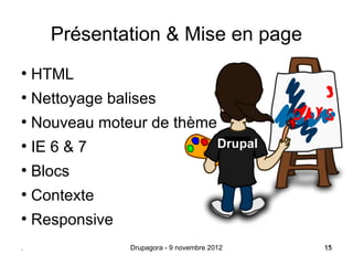 Présentation & Mise en page
●
    HTML
●
    Nettoyage balises
●
    Nouveau moteur de thème
●
    IE 6 & 7                              Drupal
●
    Blocs
●
    Contexte
●
    Responsive
.                Drupagora - 9 novembre 2012       15
                                                   15
 