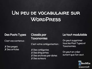 @seomixfr
Un peu de vocabulaire sur
WordPress
Des Posts Types
C’est vos contenus :
✘Des pages
✘Des articles
Classés par
Taxonomies
C’est votre catégorisation :
✘Des catégories
✘Des étiquettes
✘Des archives par dates
✘Des auteurs
Le tout modulable
On peut supprimer
tous les Post Types et
Taxonomies.
On peut en créer
autant que l’on veut.
 