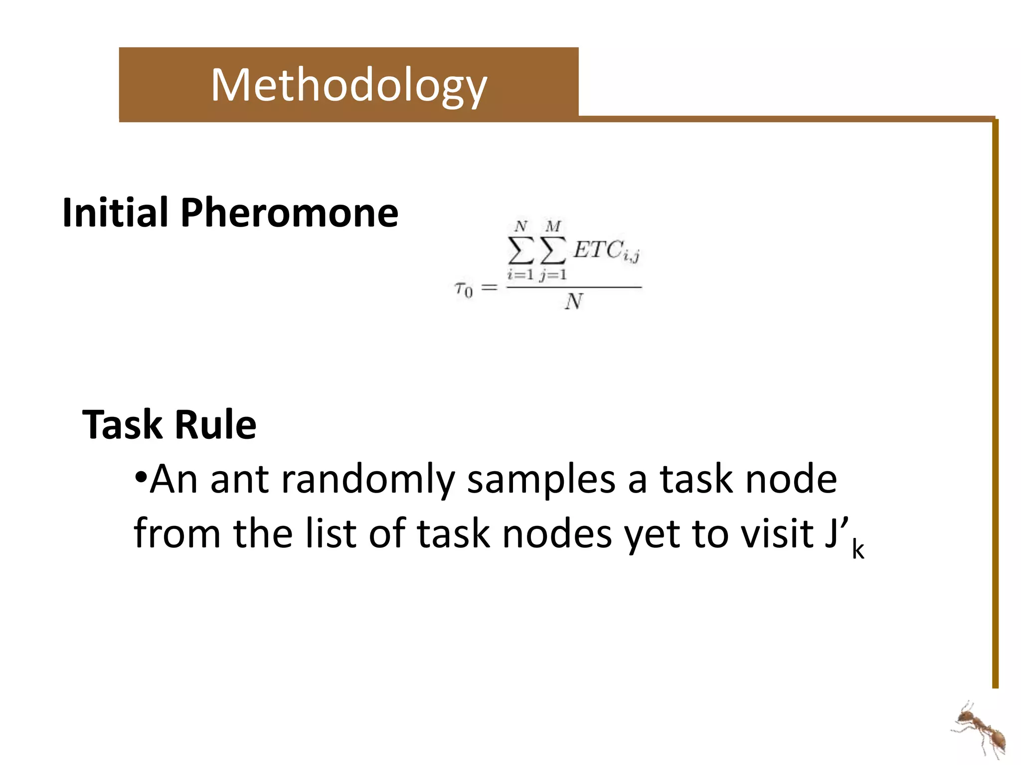 Methodology 
Initial Pheromone 
Task Rule 
•An ant randomly samples a task node 
from the list of task nodes yet to visit J’k 
 