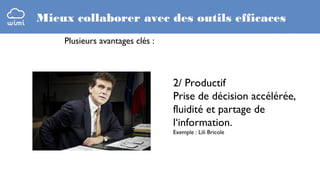 Mieux collaborer avec des outils efficaces
Plusieurs avantages clés :

2/ Productif
Prise de décision accélérée,
fluidité et partage de
l‘information.
Exemple : Lili Bricole

 