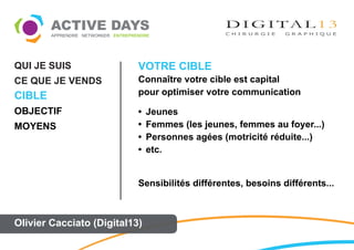 QUI JE SUIS                VOTRE CIBLE
CE QUE JE VENDS            Connaître votre cible est capital
CIBLE                      pour optimiser votre communication

OBJECTIF                   •   Jeunes
MOYENS                     •   Femmes (les jeunes, femmes au foyer...)
                           •   Personnes agées (motricité réduite...)
                           •   etc.


                           Sensibilités différentes, besoins différents...



Olivier Cacciato (Digital13)
 
