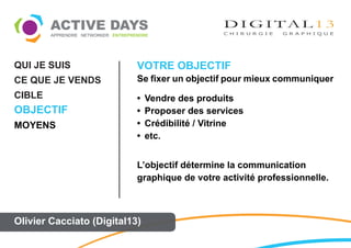 QUI JE SUIS                VOTRE OBJECTIF
CE QUE JE VENDS            Se fixer un objectif pour mieux communiquer
CIBLE                      •   Vendre des produits
OBJECTIF                   •   Proposer des services
MOYENS                     •   Crédibilité / Vitrine
                           •   etc.


                           L’objectif détermine la communication
                           graphique de votre activité professionnelle.



Olivier Cacciato (Digital13)
 