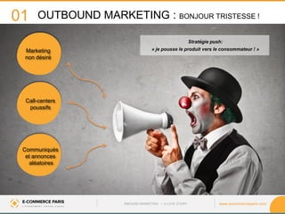 www.ecommerceparis.com 
OUTBOUND MARKETING : BONJOUR TRISTESSE ! 
Marketing non désiré 
Communiqués et annonces 
aléatoires 
Call-centers poussifs 
INBOUND MARKETING • A LOVE STORY 
Stratégie push: 
« je pousse le produit vers le consommateur ! » 
01  
