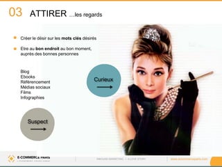 www.ecommerceparis.com 
ATTIRER …les regards 
03 
Curieux 
Suspect 
Blog Ebooks Référencement Médias sociaux Films Infographies 
Créer le désir sur les mots clés désirés Etre au bon endroit au bon moment, 
auprès des bonnes personnes 
INBOUND MARKETING • A LOVE STORY  