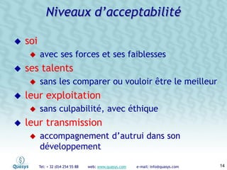 Tel: + 32 (0)4 254 55 88 web: www.quasys.com e-mail: info@quasys.com 14
soi
avec ses forces et ses faiblesses
ses talents
sans les comparer ou vouloir être le meilleur
leur exploitation
sans culpabilité, avec éthique
leur transmission
accompagnement d’autrui dans son
développement
Niveaux d’acceptabilité
 