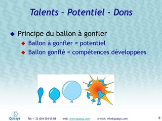 Tel: + 32 (0)4 254 55 88 web: www.quasys.com e-mail: info@quasys.com 6
Principe du ballon à gonfler
Ballon à gonfler = potentiel
Ballon gonflé = compétences développées
Talents – Potentiel - Dons
 