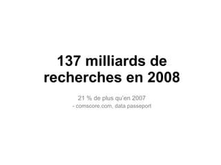 137 milliards de recherches en 2008 21 % de plus qu’en 2007 - comscore.com, data passeport 