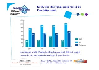 Evolution des fonds propres et de
                  l’endettement




Un manque relatif d’apport en fonds propres et dettes à long et 
moyen terme, par rapport aux dettes à court terme.

                      Source : DIANE / Préface OBS – traitement CCI 
                      sur un échantillon de 708 entreprises
 