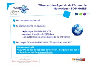 L’Observatoire Aquitain de l’Economie
                                 Numérique - SOMMAIRE



Les tendances du marché

Le secteur des TIC en Aquitaine 
Le secteur des TIC en Aquitaine

        photographie de la filière TIC
        analyse financière de 708 bilans
        analyse financière de 708 bilans
        enquête de conjoncture auprès de 79 entreprises

Les usages TIC dans les PME et les TPE aquitaines, avec AEC
L          TIC d    l PME l TPE           i i           AEC

Nouveau en 2009 :
le répertoire des entreprises du secteur TIC aquitain est sur le
moteur de recherche www.quelnet.fr
 