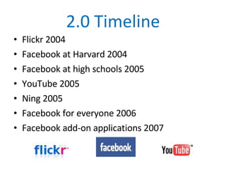 2.0 Timeline Flickr 2004 Facebook at Harvard 2004 Facebook at high schools 2005 YouTube 2005 Ning 2005 Facebook for everyone 2006 Facebook add-on applications 2007 