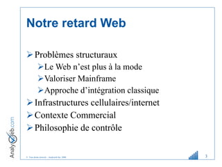 Notre retard Web Problèmes structuraux Le Web n’est plus à la mode Valoriser Mainframe Approche d’intégration classique Infrastructures cellulaires/internet Contexte Commercial Philosophie de contrôle 