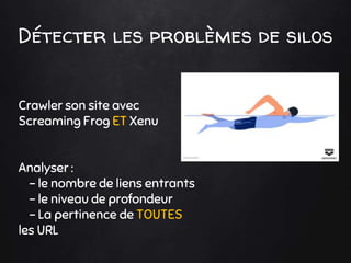 Détecter les problèmes de silos
Crawler son site avec
Screaming Frog ET Xenu
Analyser :
- le nombre de liens entrants
- le niveau de profondeur
- La pertinence de TOUTES
les URL
 