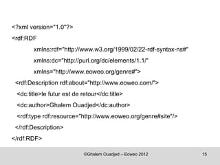 <?xml version="1.0"?>
<rdf:RDF
       xmlns:rdf="http://www.w3.org/1999/02/22-rdf-syntax-ns#"
       xmlns:dc="http://purl.org/dc/elements/1.1/"
       xmlns="http://www.eoweo.org/genre#">
 <rdf:Description rdf:about="http://www.eoweo.com/">
 <dc:title>le futur est de retour</dc:title>
 <dc:author>Ghalem Ouadjed</dc:author>
 <rdf:type rdf:resource="http://www.eoweo.org/genre#site"/>
 </rdf:Description>
</rdf:RDF>

                            ©Ghalem Ouadjed – Eoweo 2012         15
 