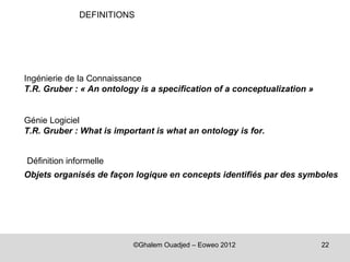 DEFINITIONS




Ingénierie de la Connaissance
T.R. Gruber : « An ontology is a specification of a conceptualization »


Génie Logiciel
T.R. Gruber : What is important is what an ontology is for.


Définition informelle
Objets organisés de façon logique en concepts identifiés par des symboles




                          ©Ghalem Ouadjed – Eoweo 2012                    22
 