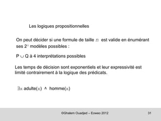 Les logiques propositionnelles


On peut décider si une formule de taille n est valide en énumérant
ses 2n modèles possibles :

P ∪ Q à 4 interprétations possibles

Les temps de décision sont exponentiels et leur expressivité est
limité contrairement à la logique des prédicats.


 ∃x adulte(x)       homme(x)
                v




                        ©Ghalem Ouadjed – Eoweo 2012               31
 